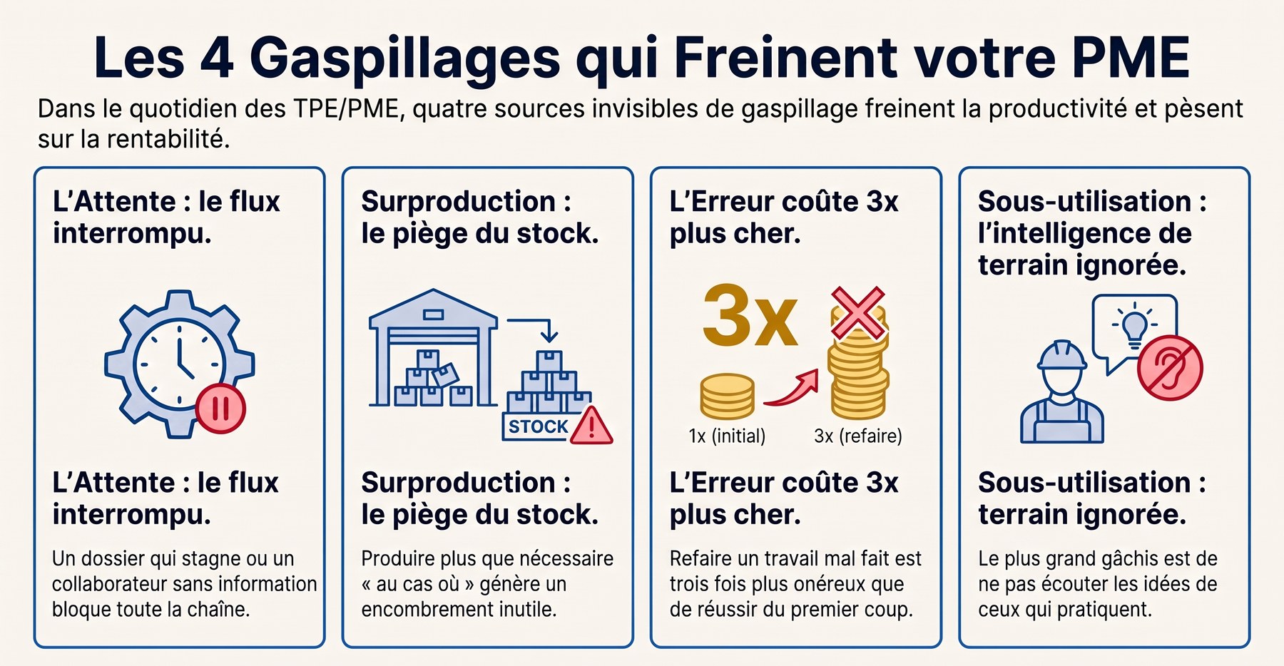 Les 4 gaspillages qui freinent votre PME : l'attente, la surproduction, l'erreur qui coûte 3 fois plus cher, la sous-utilisation des talents — Aikiro Lab La Réunion