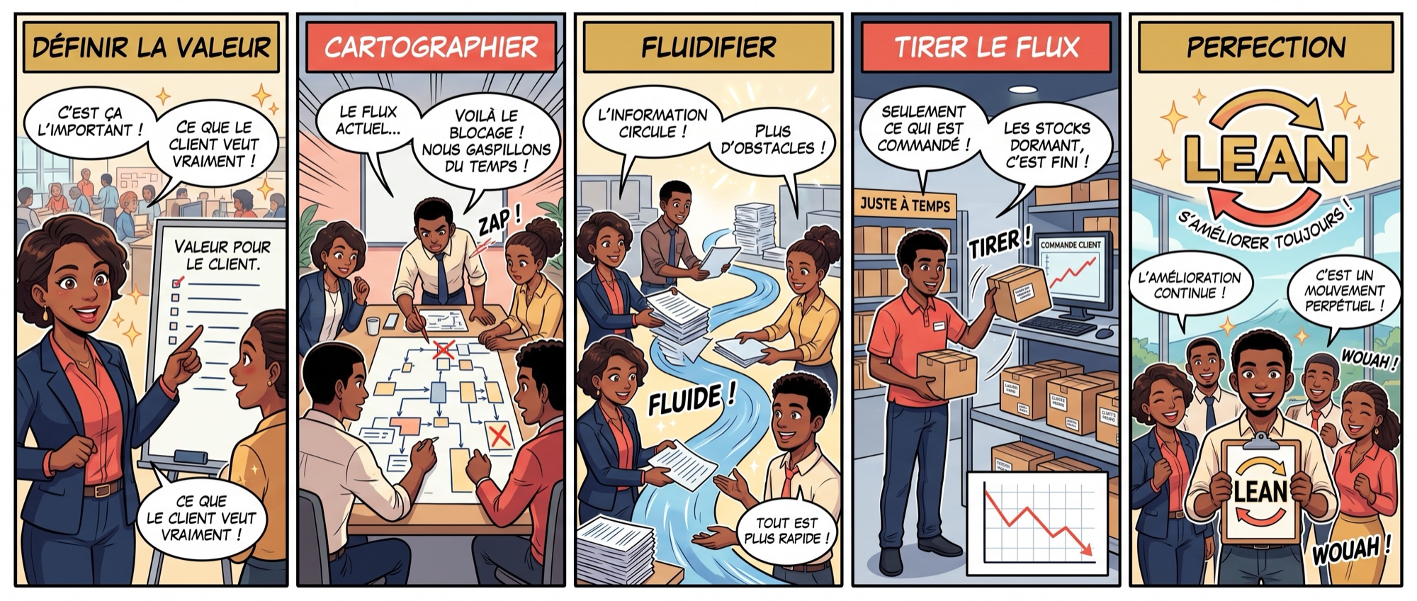 Le voyage Kaizen en 5 étapes illustré en manga : Définir la valeur, Cartographier, Fluidifier, Tirer le flux, Perfection — Aikiro Lab La Réunion